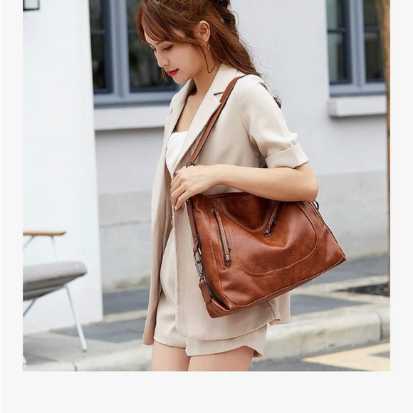 Chic Saddle Brown Faux Leather Slouchy Shoulder Bag Adjustable - Picture 2 of 13